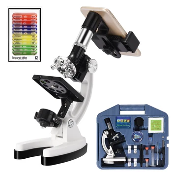 100X-1200X Детский биологический микроскоп для начинающих Металлический корпус с адаптером для держателя телефона Пластиковые слайды и ящик для переноски