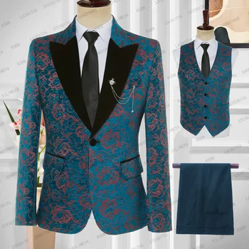 2023 Новый костюм Homme Luxury Party Мужской костюм Синий красный жаккард Черный бархат Лацкан Slim Fit Смокинг 3 шт. Набор (пиджак, брюки, жилет)