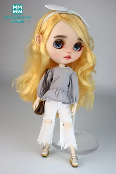 28см Blyth Toys Doll Одежда Модная клетчатая рубашка, белые рваные брюки
