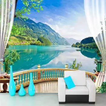 3D обои балкон голубое небо озеро лес природа пейзаж фото фотообои панно гостиная спальня фон стена papel de parede