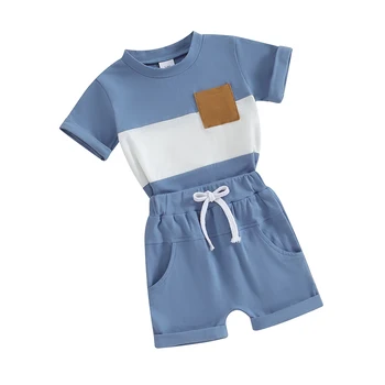  Baby Boy Летняя одежда с коротким рукавом контрастного цвета Пэчворк Топ Шорты Комплект Для Малышей Мальчики Шорты Спортивный костюм Комплект