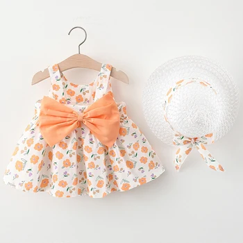 babzapleume 2 шт. Летняя одежда Baby Princess Платье Корейский милый бант Детские цветы Платья + Шляпа от солнца Набор одежды для новорожденных 2035-1