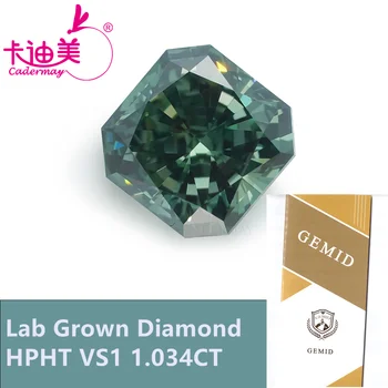 CADERMAY Сияющая форма Ярко-зеленый цвет VS1 Clarity HPHT Выращенный в лаборатории бриллиант 1,034 карата Сертификат на незакрепленный камень для изготовления ювелирных изделий