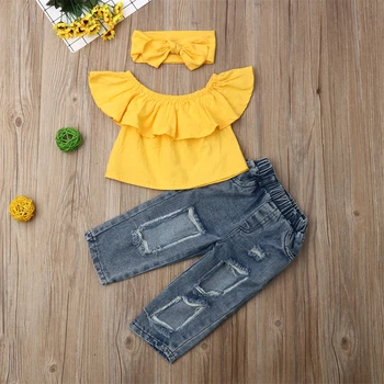  Girls Summer Clothing Set Kids Solid Color Out Shoulder Sleeves Ruffle Tops + Рваные джинсы + Headband Дети 3 шт. Повседневные наряды