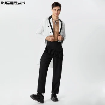 INCERUN Tops 2023 Американский стиль Новый мужской короткий спереди с длинной спиной Дизайн Блейзер Мода Контрастный цвет Пэчворк Костюм Пальто S-5XL