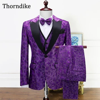 Thorndike Фиолетовый мужской костюм с цветочным принтом 2022 Черный остроконечный лацкан на одной пуговице Свадебная вечеринка Смокинги для женихов Мужской блейзер Брюки