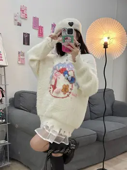 Аниме Kawaii Sanrio Hello Kitty Милый мультяшный женский свитер Y2K Осень-зима Новый стиль Ленивый стиль Пуловер с круглым вырезом Топ Подарок