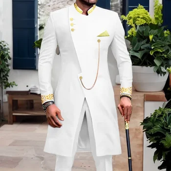 Африканский мужской костюм с воротником-стойкой Длинная вышивка 2 шт. Приталенный формальный свадебный смокинг для жениха 2024 (куртки + брюки)