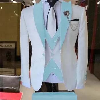  белый синий блейзер брюки мужские костюмы 3 шт. на заказ Terno Slim Жених Свадебная вечеринка Одежда Маскулино (Куртка + Брюки + Жилет + Галстук)