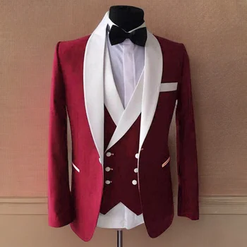 Бордовый 3-секционные мужские костюмы Жених Одежда Смокинги для свадебных женихов Шафер Формальный костюм для вечеринки (пиджак + брюки + жилет)