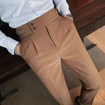 Весна Осень Британский стиль Деловой тонкий мужской костюм Брюки Корейская мода Повседневные брюки с высокой талией Формальные социальные / Классические брюки