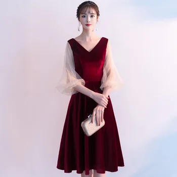 Винно-красное вечернее платье женское 2020 лето новое с длинными рукавами короткой секции банкетная леди званый ужин компания ежегодная встреча хозяин