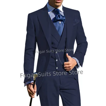 Деловой темно-синий элегантный костюм для мужчин Курение Slim Fit Groom Формальные смокинги 3 шт. Комплекты Роскошный мужской блейзер Trajes De Hombre