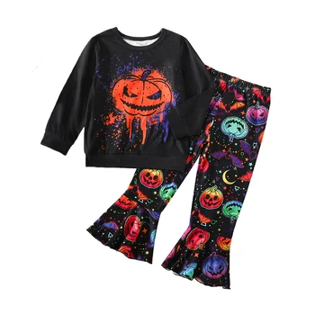 Дети Девочки Хэллоуин Наряды Рубашки с длинным рукавом Тыквенная толстовка с расклешенными брюками 2шт Тыквенные наряды
