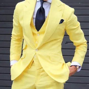Желтый 3 предмета Мужские костюмы 2023 Изготовленные на заказ новейшие модели пальто Брюки Модный мужской костюм Свадебный костюм Костюм Куртка