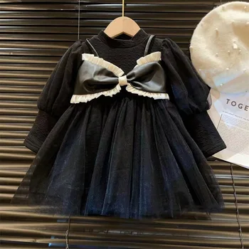 корейская версия платье для девочки осень и зима 2023 новая детская поддельная сетка из двух частей и плюшевая утолщенная юбка