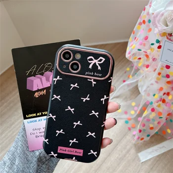 корейский милый ярко-розовый бант защита линзы мягкая кожа чехол для телефона для iPhone 15 14 13 12 Pro Max 15promax Lovely Bow Cover