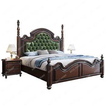 Кровать из массива дерева Мягкая сумка Легкая Роскошная двуспальная 1,8 м Вилла Главная спальня Высококачественная кожа