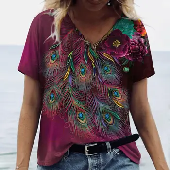Летние женские футболки с V-образным вырезом Павлиньи перья Графическая мода с коротким рукавом Harajuku Y2k Топ Оверсайз Повседневная женская футболка