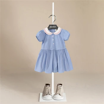 Лето Девочка Одежда Светло-голубое полосатое платье с коротким рукавом для малыша Девочка Детский день рождения Детская одежда Колледж Стиль Платье