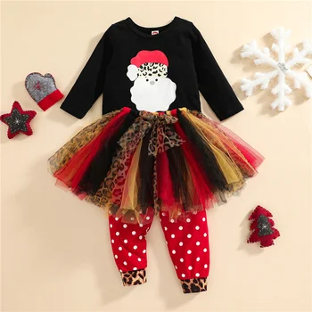  Набор нарядов из трех частей для девочек Симпатичные рождественские топы с вышивкой с длинными рукавами и марлевая короткая юбка и брюки в горошек, 6 месяцев-4 года