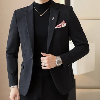 Новая мужская мода Джентльмен Корейская версия европейского бархатистого повседневного облегающего свадебного блейзера в британском стиле