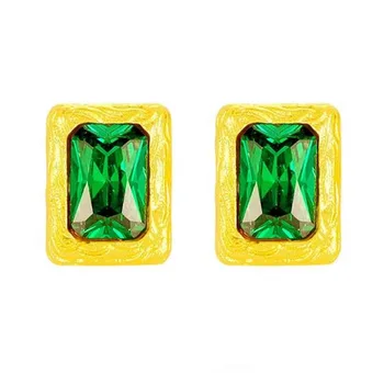 Новые серьги из желтого золота 999 999 г. Женские квадратные серьги-гвоздики с зеленым кристаллом