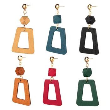 Новый дизайн 6 цветов геометрические трапециевидные деревянные женские серьги персонализированные красочные серьги для девочек винтаж простые ювелирные изделия подарок