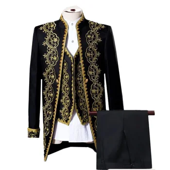 Новый мужской придворный банкетный костюм 3 шт. черный / белый модный мужской роскошный золотой кружевной пиджак с вышивкой и брюки с жилетом
