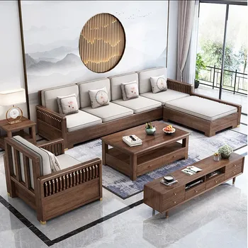 Ореховый диван из цельного дерева, современный простой тканевый художественный мебель для гостиной, хранение деревянный, маленькая семья, новый диван в китайском стиле