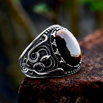 панк винтаж мужские овальные коричневые каменные кольца из нержавеющей стали байкер мода резные кольца натуральный камень амулет ювелирные изделия дропшиппинг
