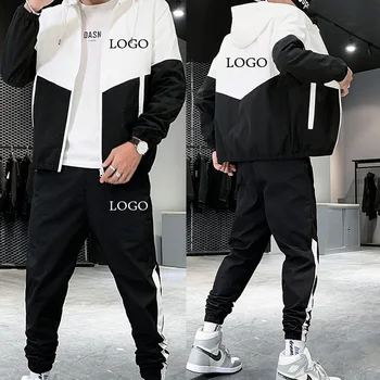 Пользовательский логотип Мужчины Спортивный костюм Куртка + Брюки Мода Harajuku Спортивная одежда Homme Jogging Set Уличная одежда