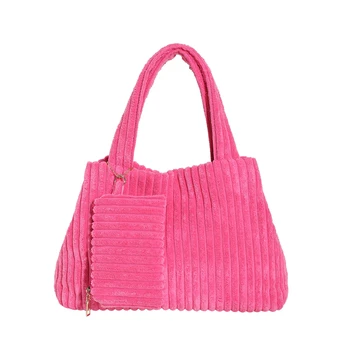 розово-красная вельветовая сумка-шопер Женская прочная дорожная сумка большой емкости Кореянка Женщины Черный карман для покупок с мини-кошельком для монет