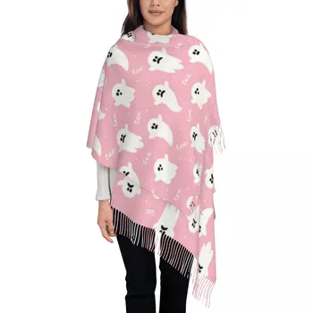 Розовый милый шарф с рисунком призрака для женщин осень зима двусторонняя шаль обертывание хэллоуин длинная шаль шарф женский