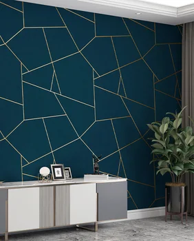  синие геометрические обои для гостиной спальни современный дизайн пвх 3D тиснение золотая линия полосы обои в рулоне