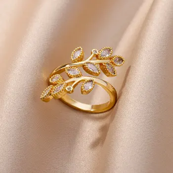  циркон двойные листья кольца для женщин нержавеющая сталь позолоченные регулируемые листья кольцо свадебные эстетические ювелирные изделия подарок для женщин