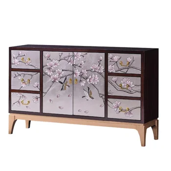 Шкаф для фойе в новом китайском стиле, нарисованный вручную шкаф-перегородка, светлый роскошный винный шкаф из черного дерева, экран из серебряной фольги